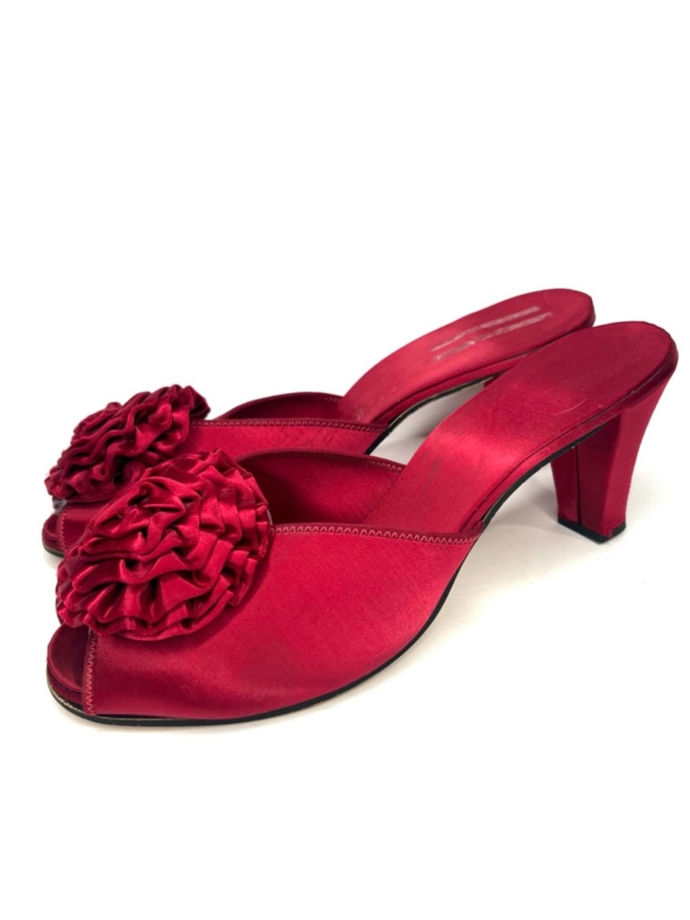 VTG Daniel Green Sz 10.5 Red Satin 1950 Rosette Low-Heel Mules Women’s Slippers - Picture 8 of 12